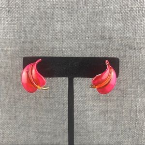 Vintage Red Curled Leaf Clip On Earrings
